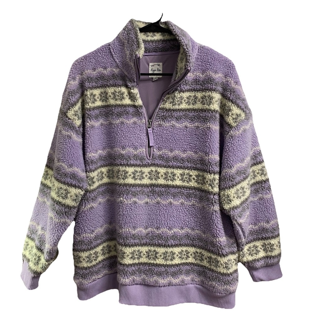 HIPPIE ROSE Womens 1/4 zip Fleece Pullover Sweater Sherpa Purple&White Sz.‎ L